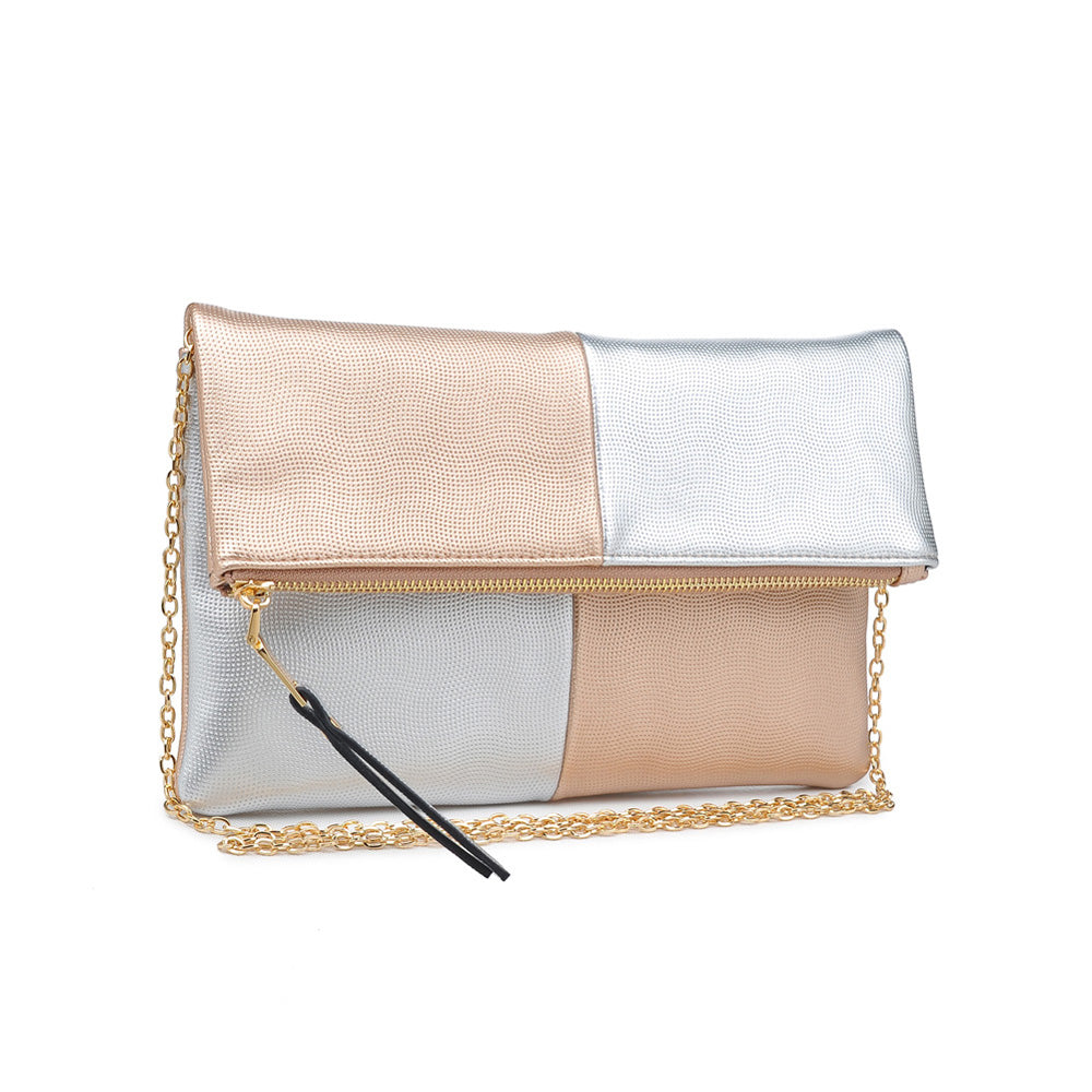 Woman wearing Rose Gold Silver Urban Expressions Soraya Clutch NA-840611146793 View 6 | Rose Gold Silver