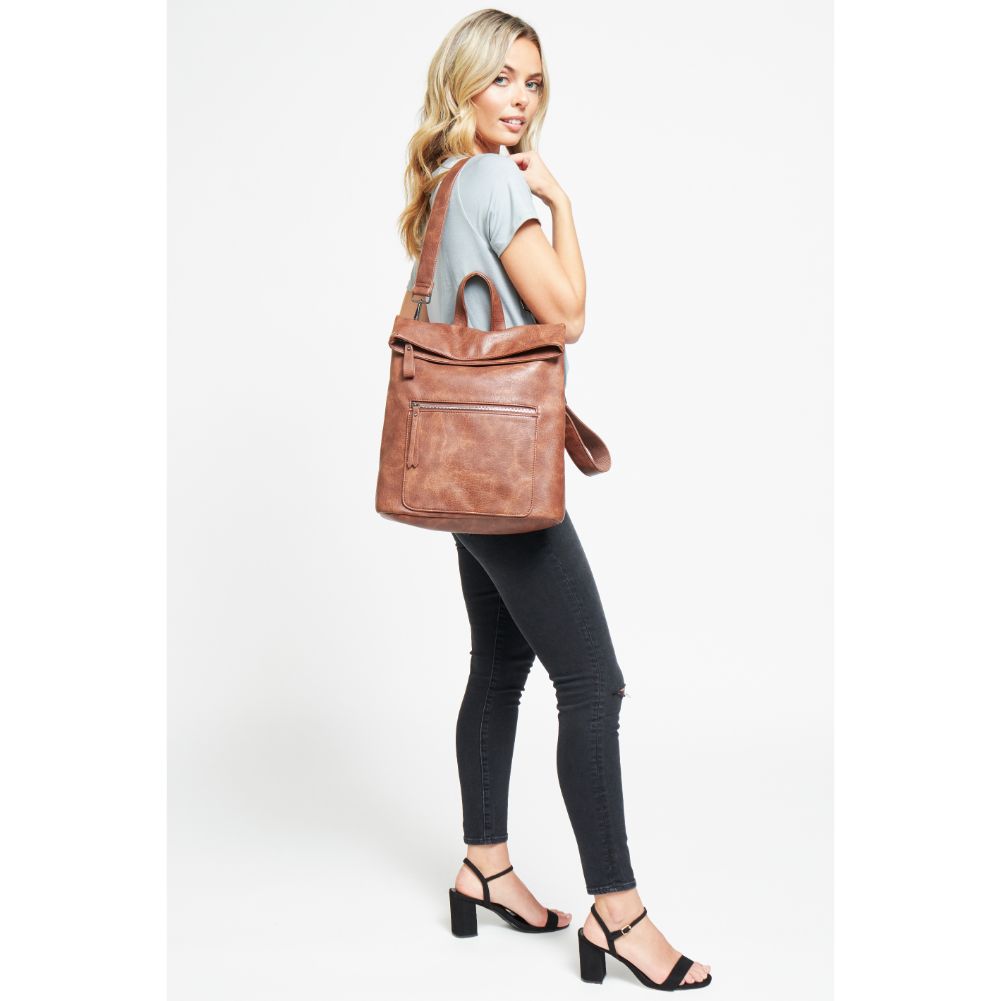 Woman wearing Cognac Urban Expressions Lennon Backpack 840611134837 View 3 | Cognac