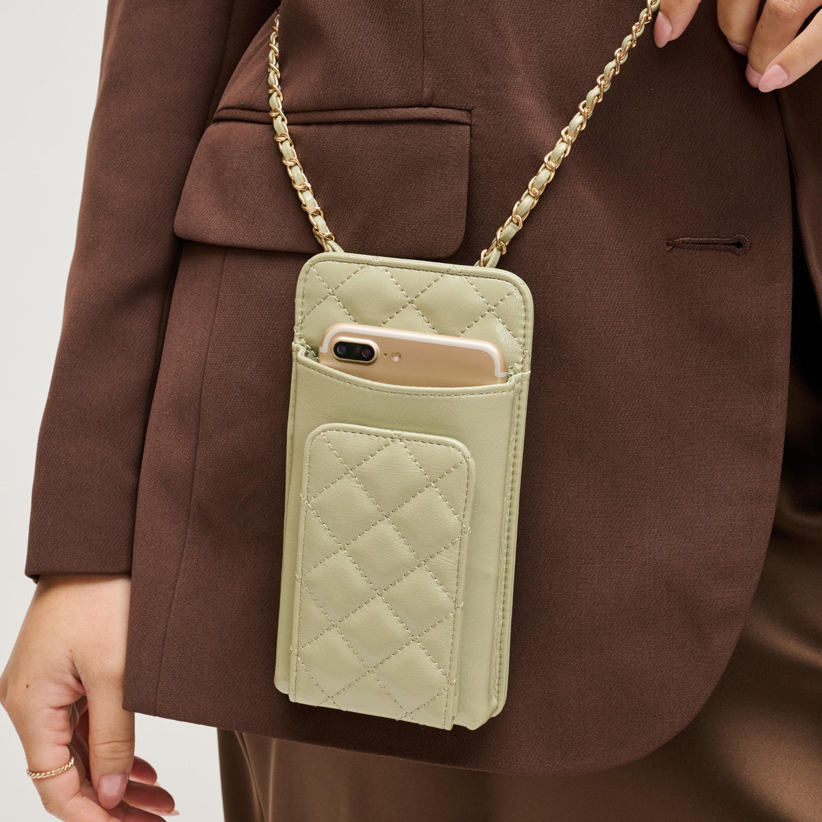 Woman wearing Sage Urban Expressions Brianna 2.0 Cell Phone Crossbody 840504203756 View 4 | Sage