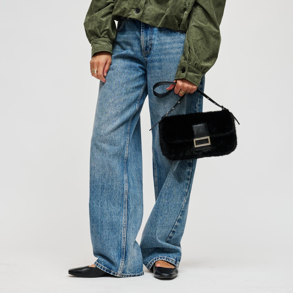 Woman wearing Black Urban Expressions Beverly - Faux Fur Crossbody 840504212475 View 3 | Black