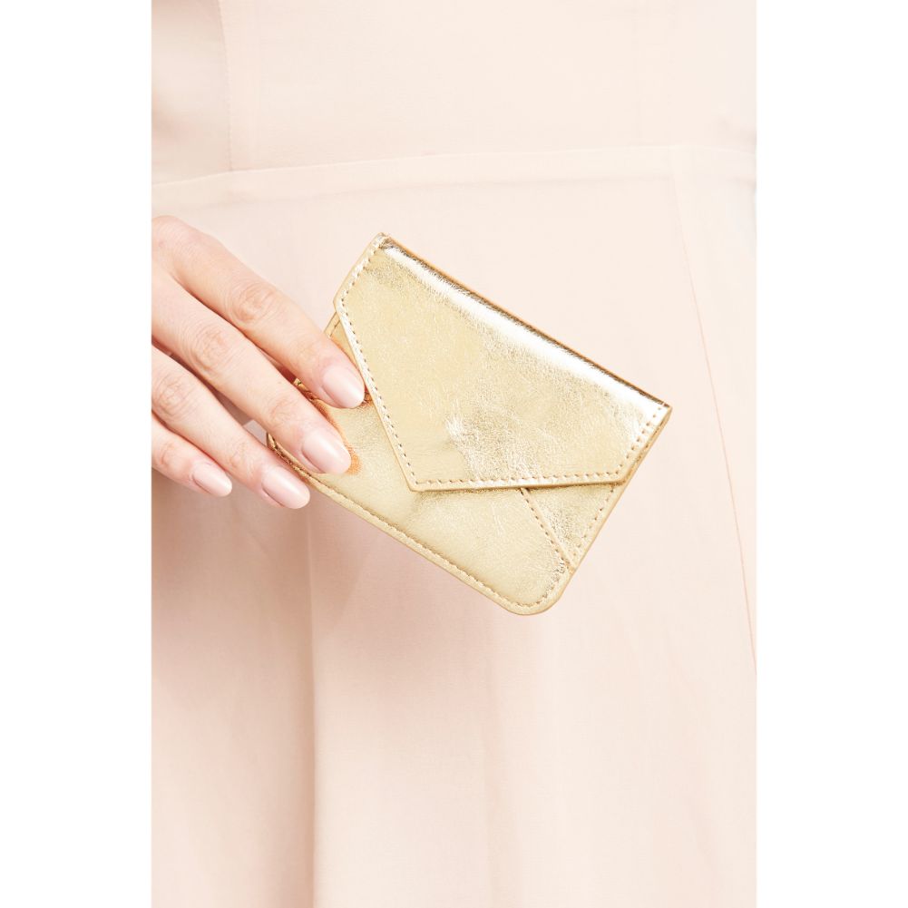 Woman wearing Light Gold Urban Expressions Fifi Metallic Card Holder 840611119421 View 1 | Light Gold
