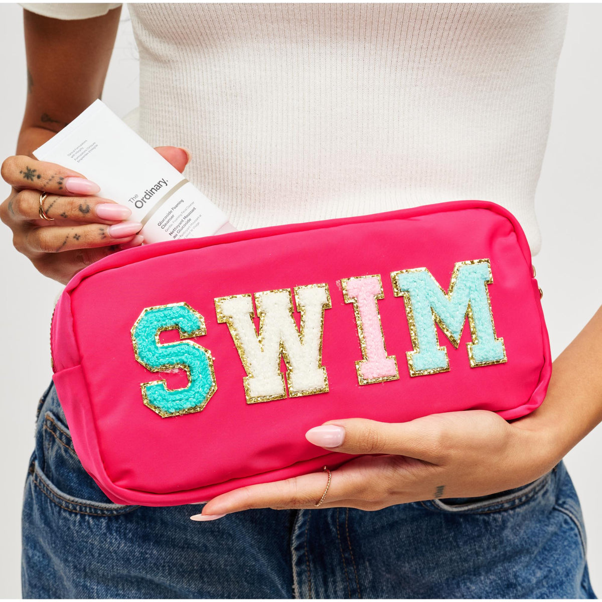 Woman wearing Hot Pink Urban Expressions Nalia Cosmetic & Travel Organizer Pouch 840504200441 View 1 | Hot Pink