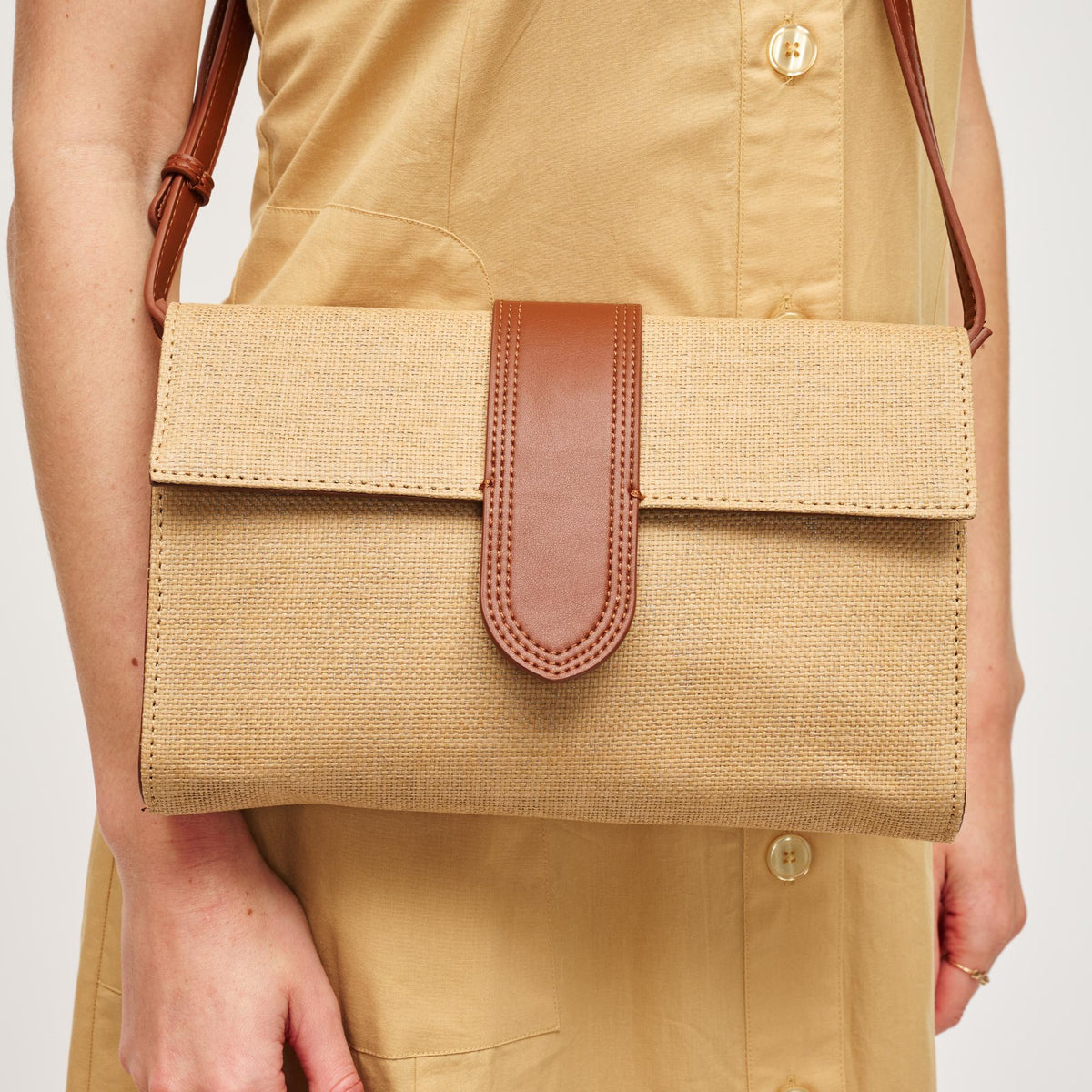 Woman wearing Natural Tan Urban Expressions Sia Crossbody 840611151773 View 4 | Natural Tan