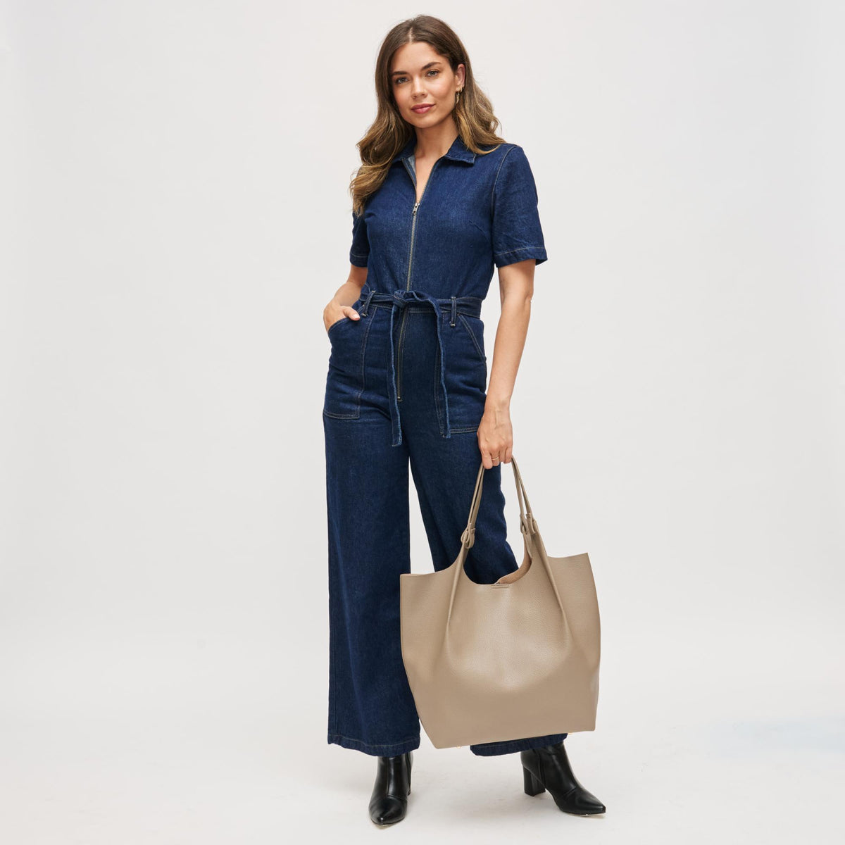 Woman wearing Taupe Urban Expressions Maeve Tote 840611198891 View 3 | Taupe