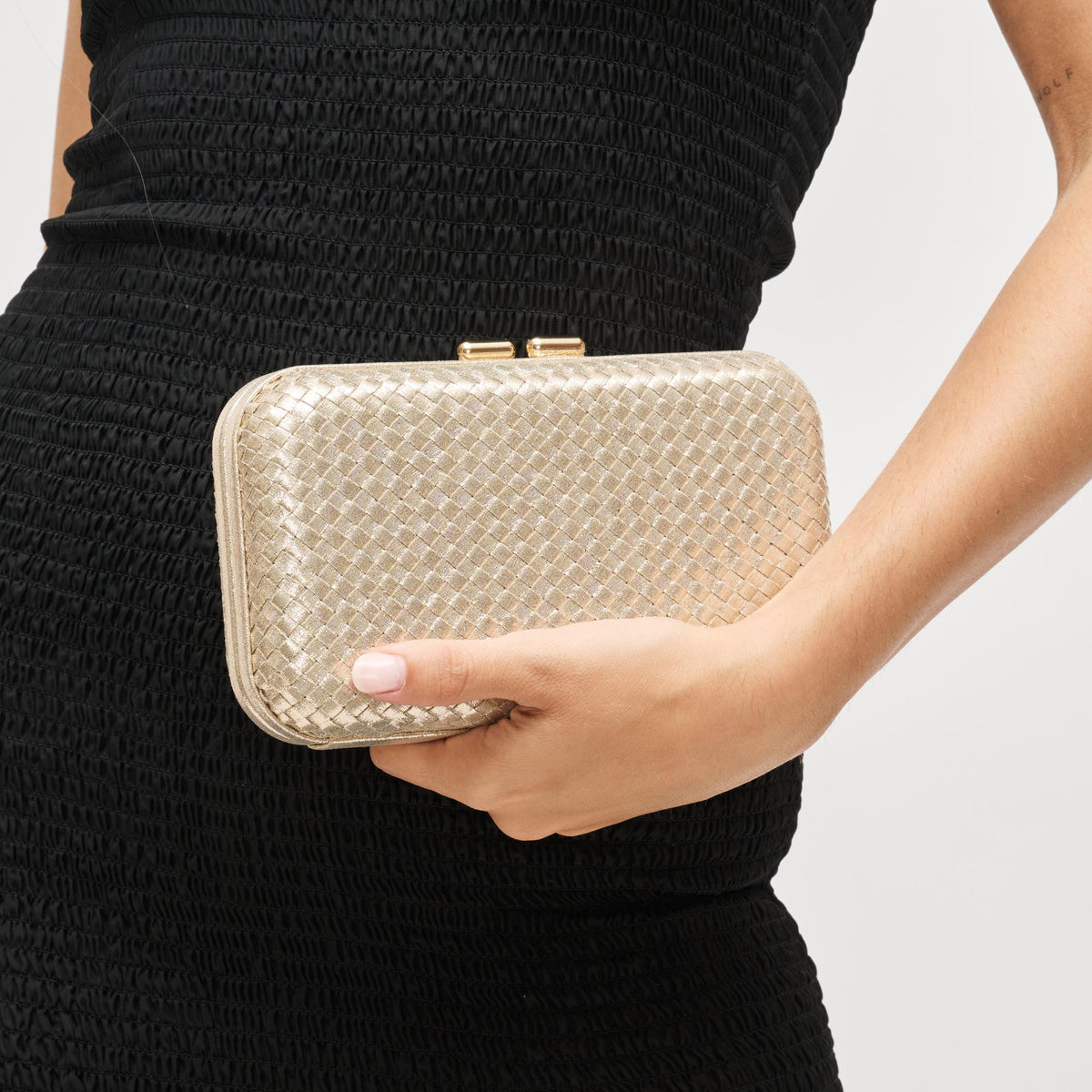 Woman wearing Gold Urban Expressions Anna Evening Bag 840611199775 View 4 | Gold