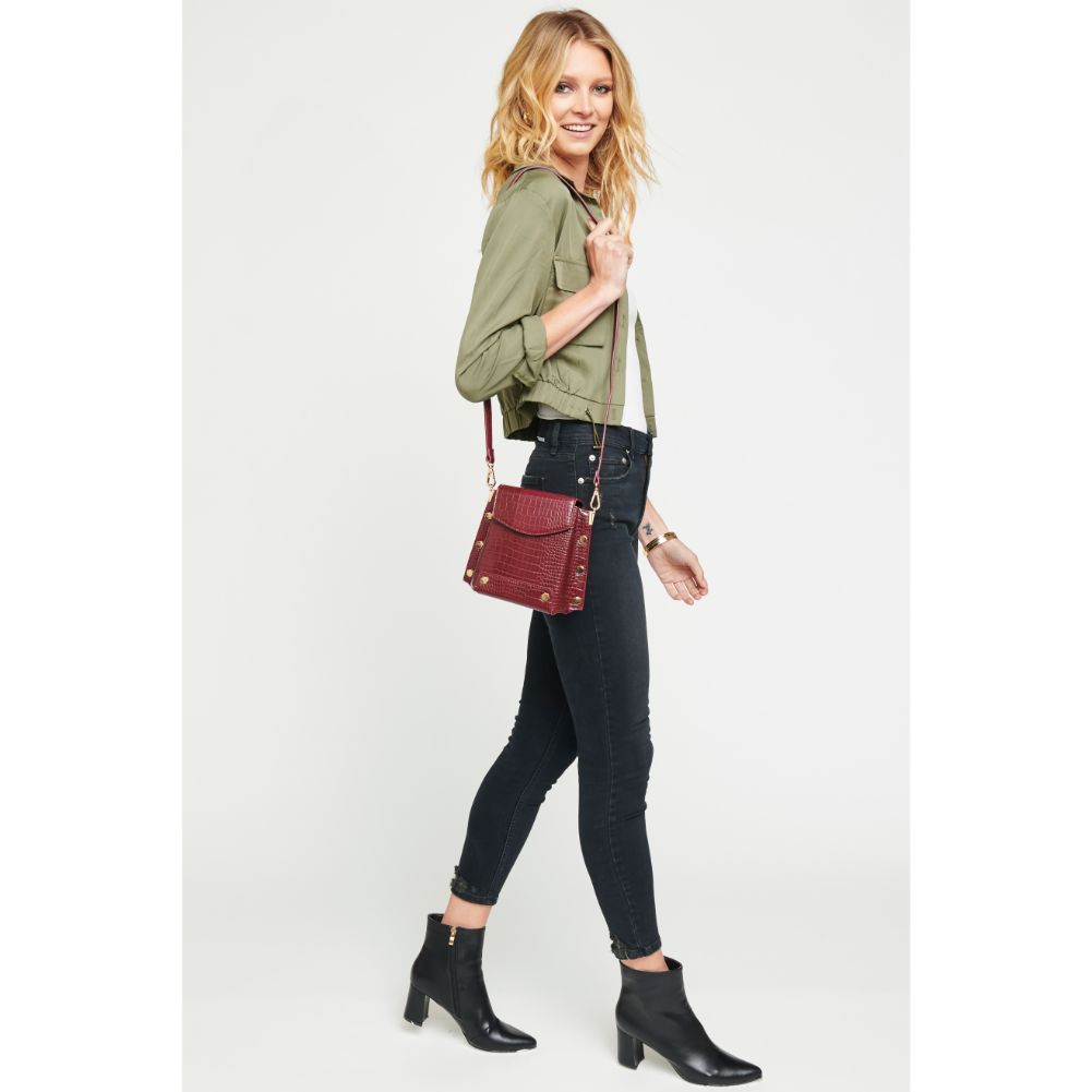 Woman wearing Burgundy Urban Expressions Taylor Croc Crossbody 840611165589 View 2 | Burgundy