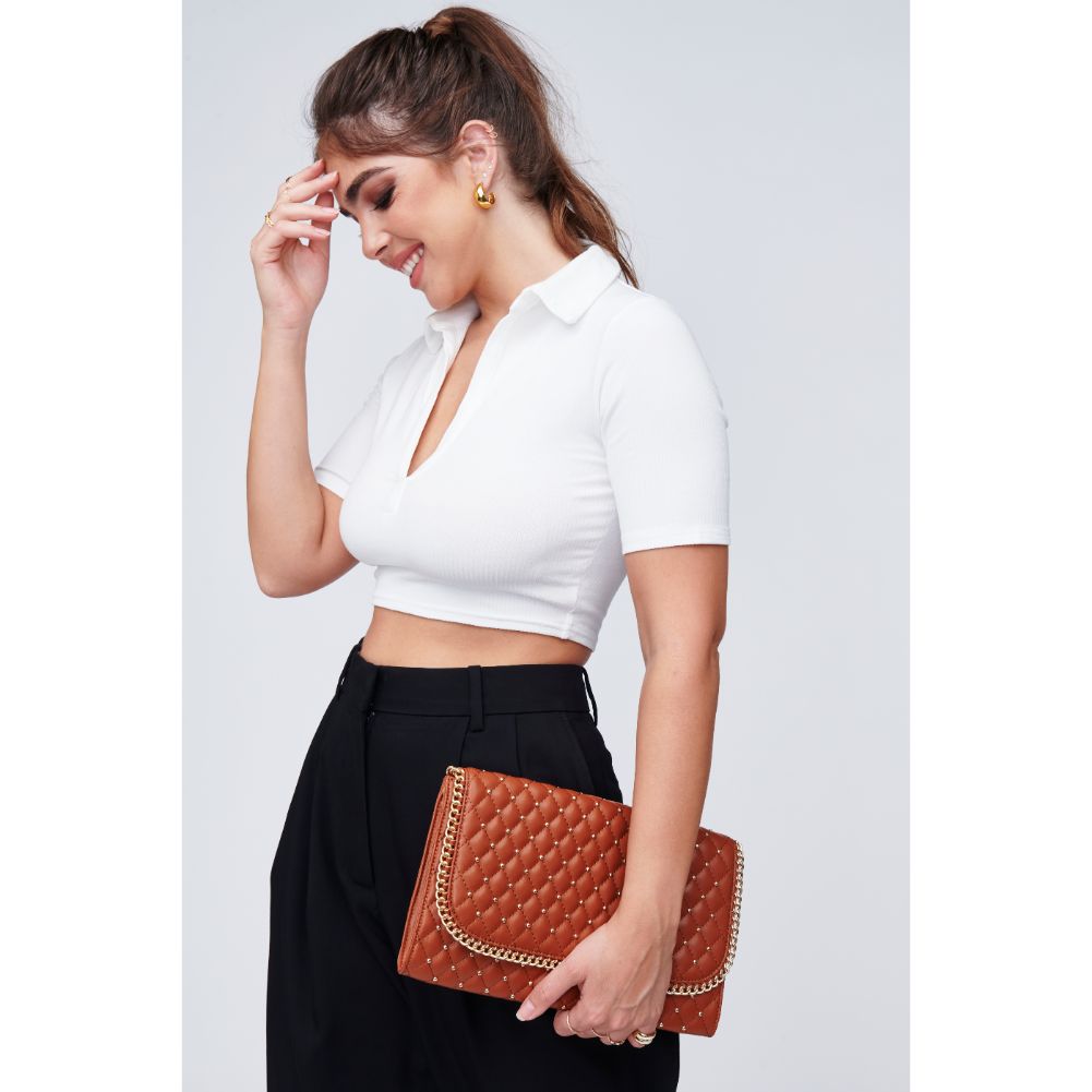 Woman wearing Tan Urban Expressions Viola Clutch 818209011020 View 4 | Tan
