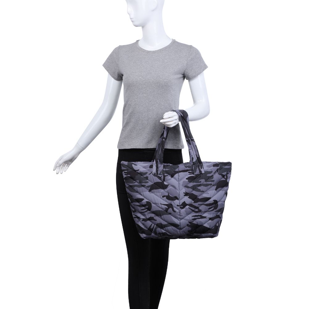 Woman wearing Black Grey Camo Urban Expressions Kickoff Tote NA-840611177797 View 4 | Black Grey Camo