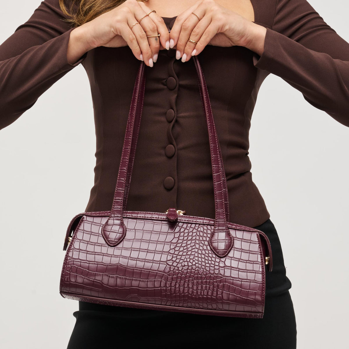 Woman wearing Wine Urban Expressions Nessa Shoulder Bag 840611199713 View 1 | Wine