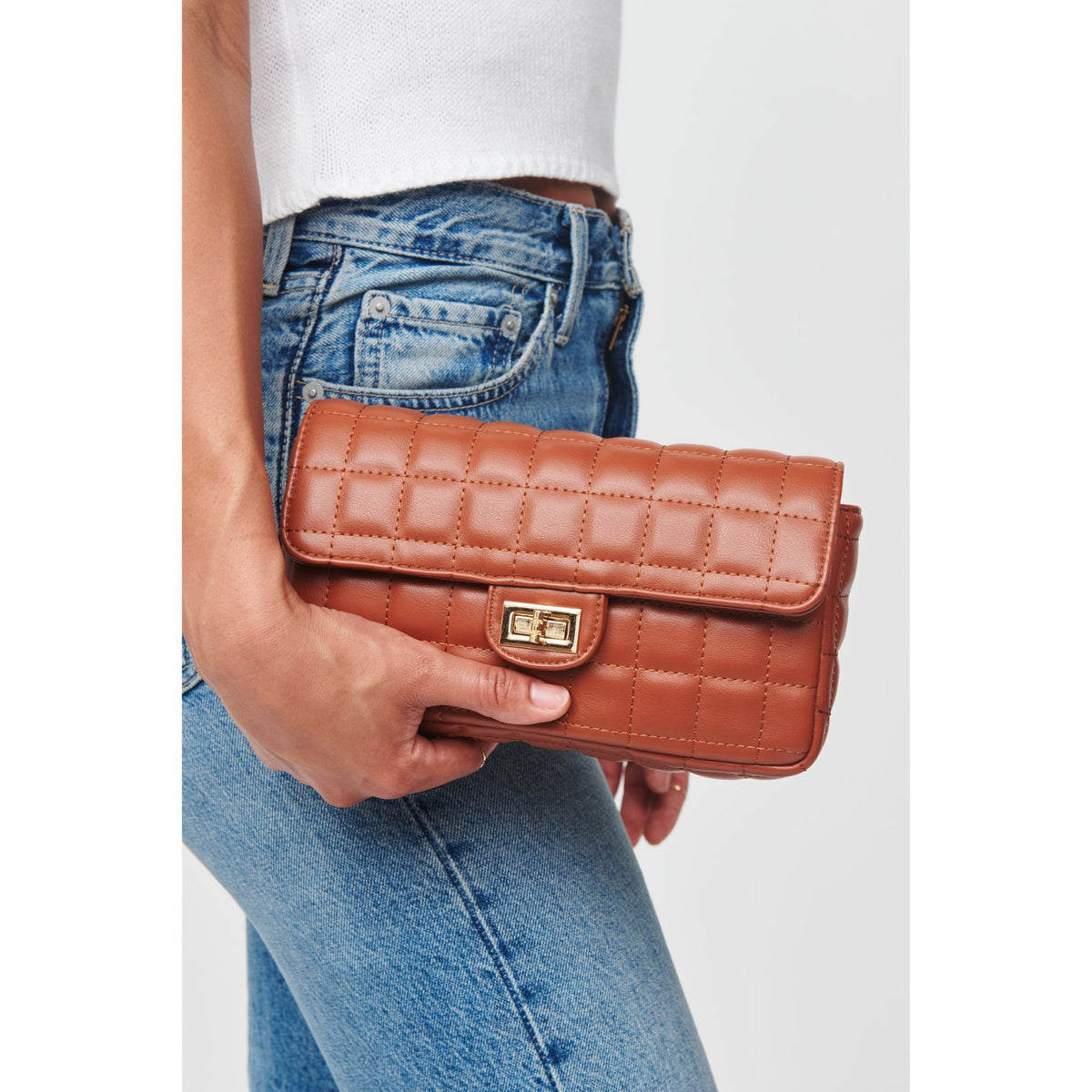 Woman wearing Tan Urban Expressions Darcie Crossbody 818209012058 View 2 | Tan