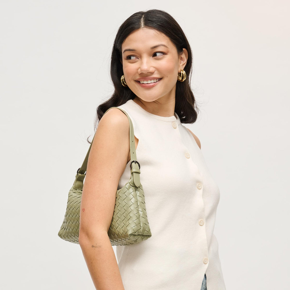 Woman wearing Sage Urban Expressions Audrey Shoulder Bag 840504204074 View 4 | Sage