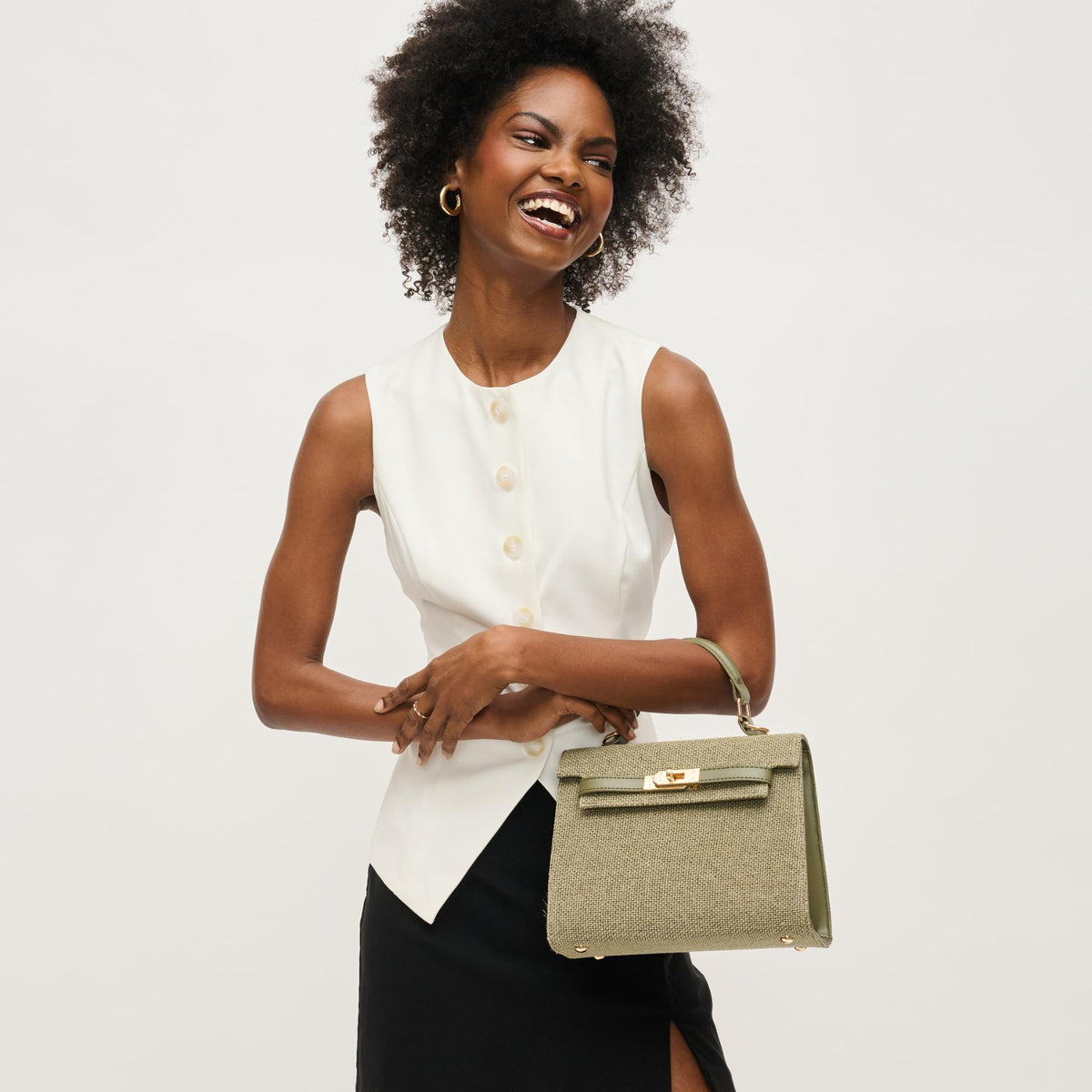 Woman wearing Sage Urban Expressions Adeline Crossbody 840611151087 View 2 | Sage