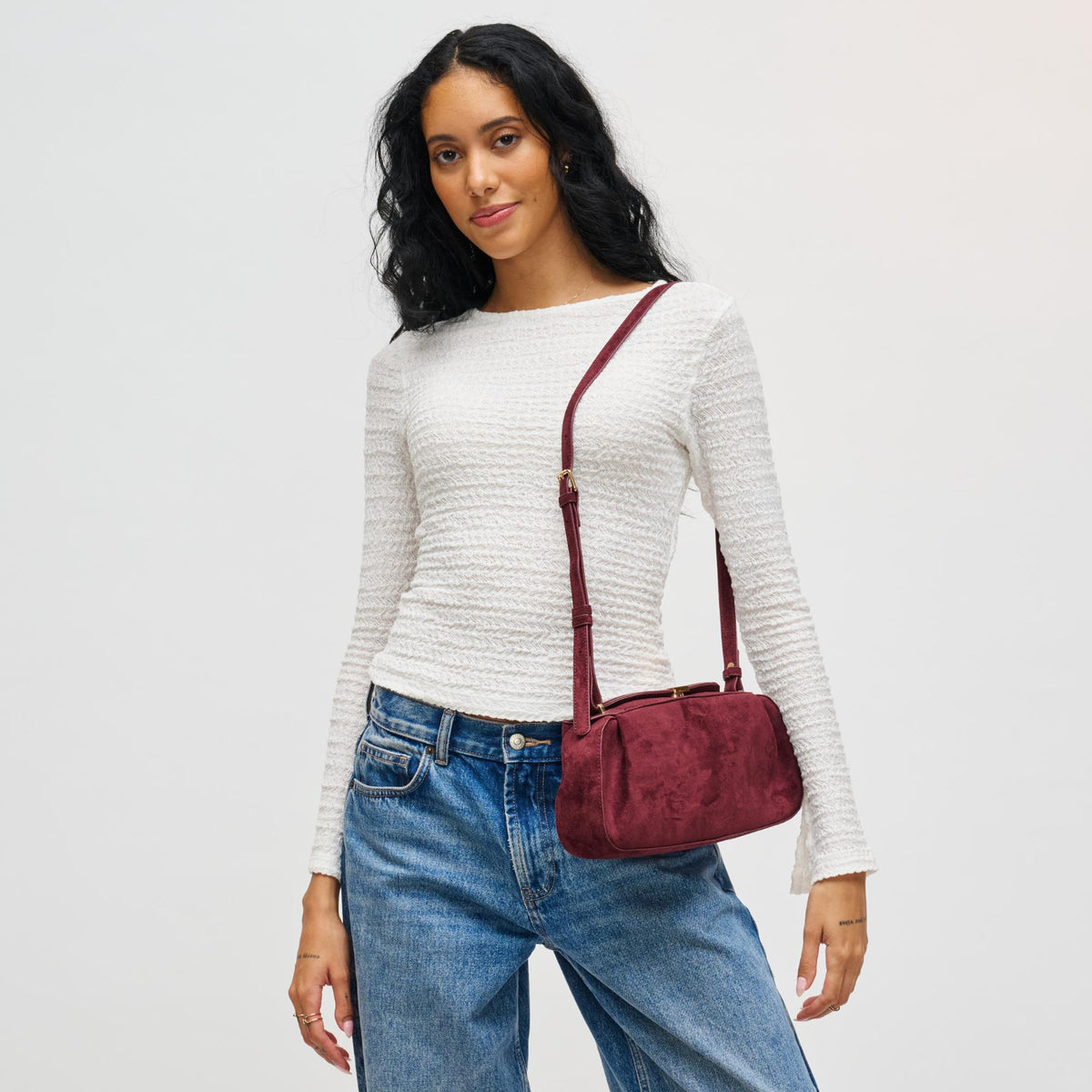 Woman wearing Wine Urban Expressions Lizzie Crossbody 840611199096 View 4 | Wine
