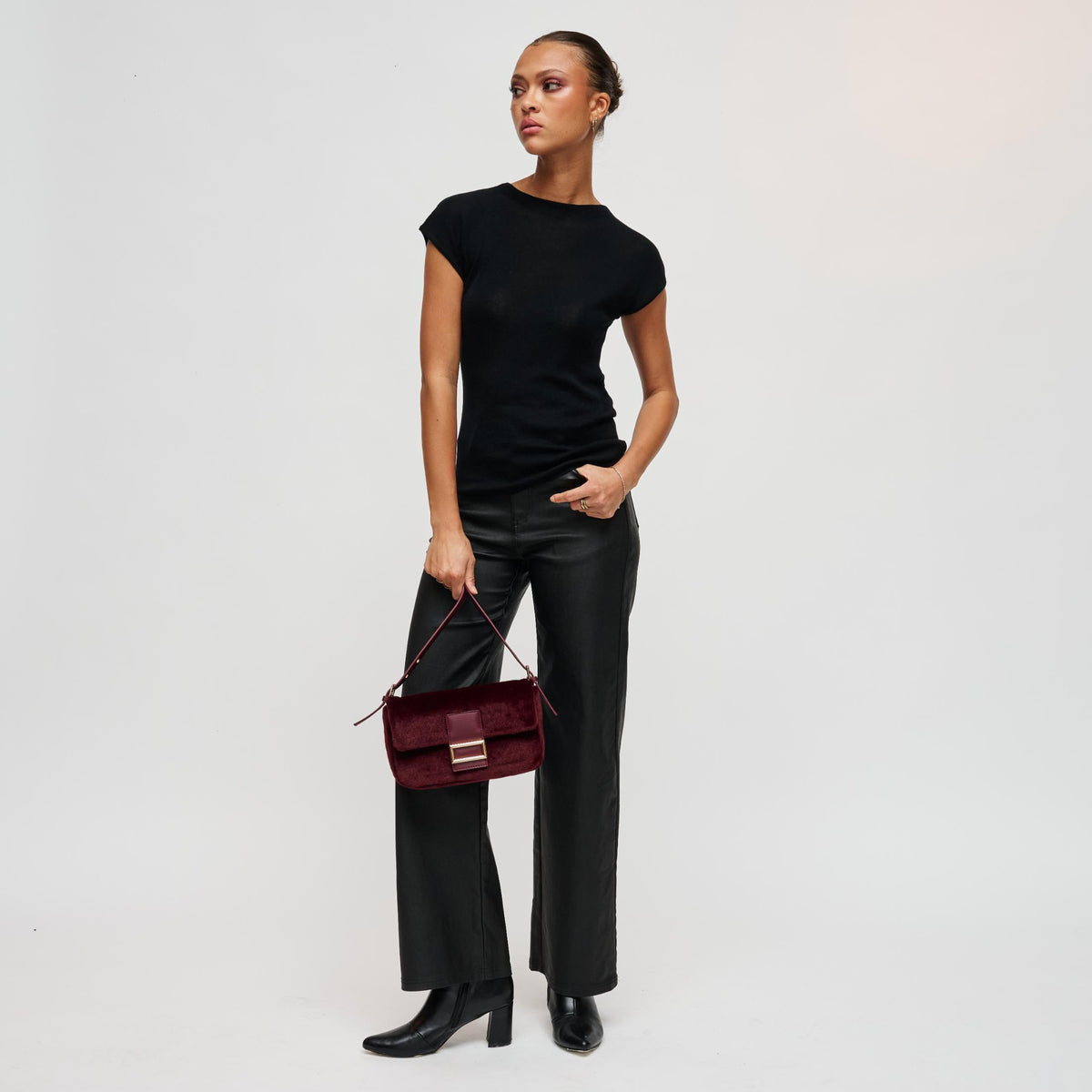 Woman wearing Burgundy Urban Expressions Beverly - Faux Fur Crossbody 840504212482 View 4 | Burgundy