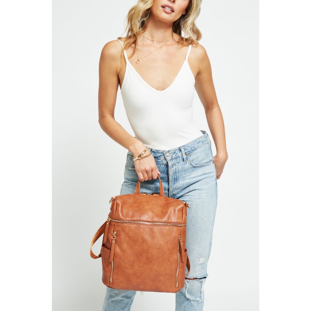 Woman wearing Tan Urban Expressions Jefferson Backpack 840611179746 View 4 | Tan