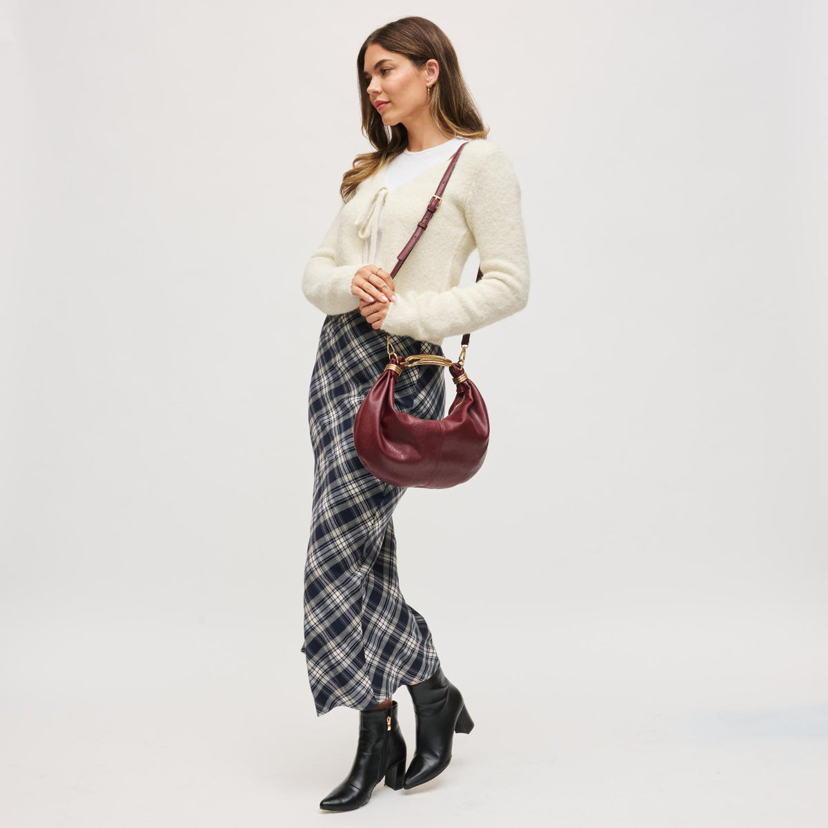 Woman wearing Wine Urban Expressions Carrie Crossbody 840611199805 View 2 | Wine