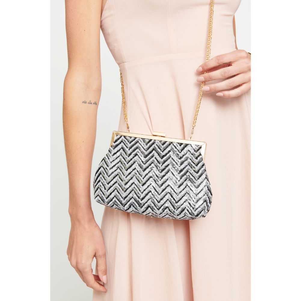 Woman wearing Black White Urban Expressions Billie Evening Bag 840611165176 View 1 | Black White
