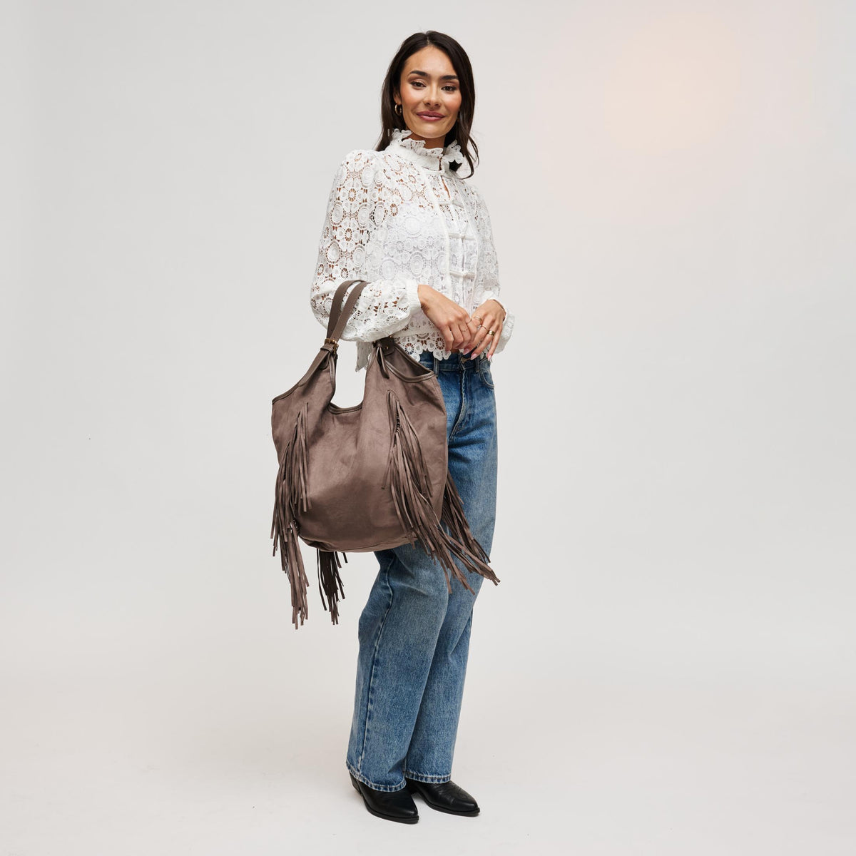Woman wearing Taupe Urban Expressions Nyxie Tote 840504211560 View 3 | Taupe