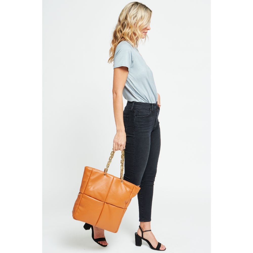 Woman wearing Tan Urban Expressions Zoe Tote 840611178572 View 3 | Tan