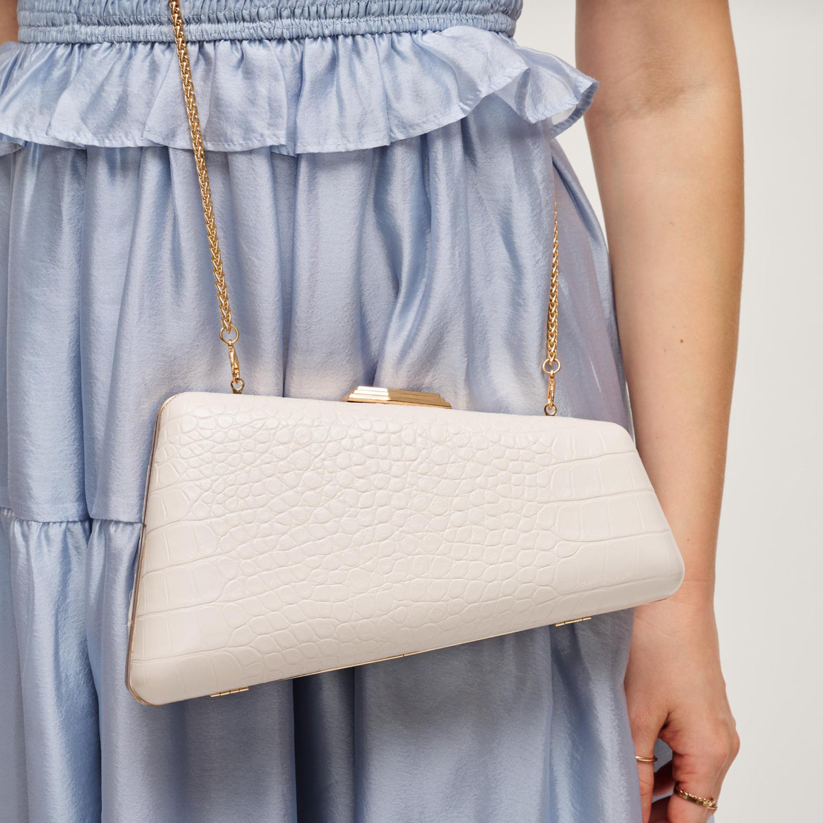 Woman wearing Oatmilk Urban Expressions Irene - Croco Asymmetrical Evening Bag 840504206719 View 1 | Oatmilk