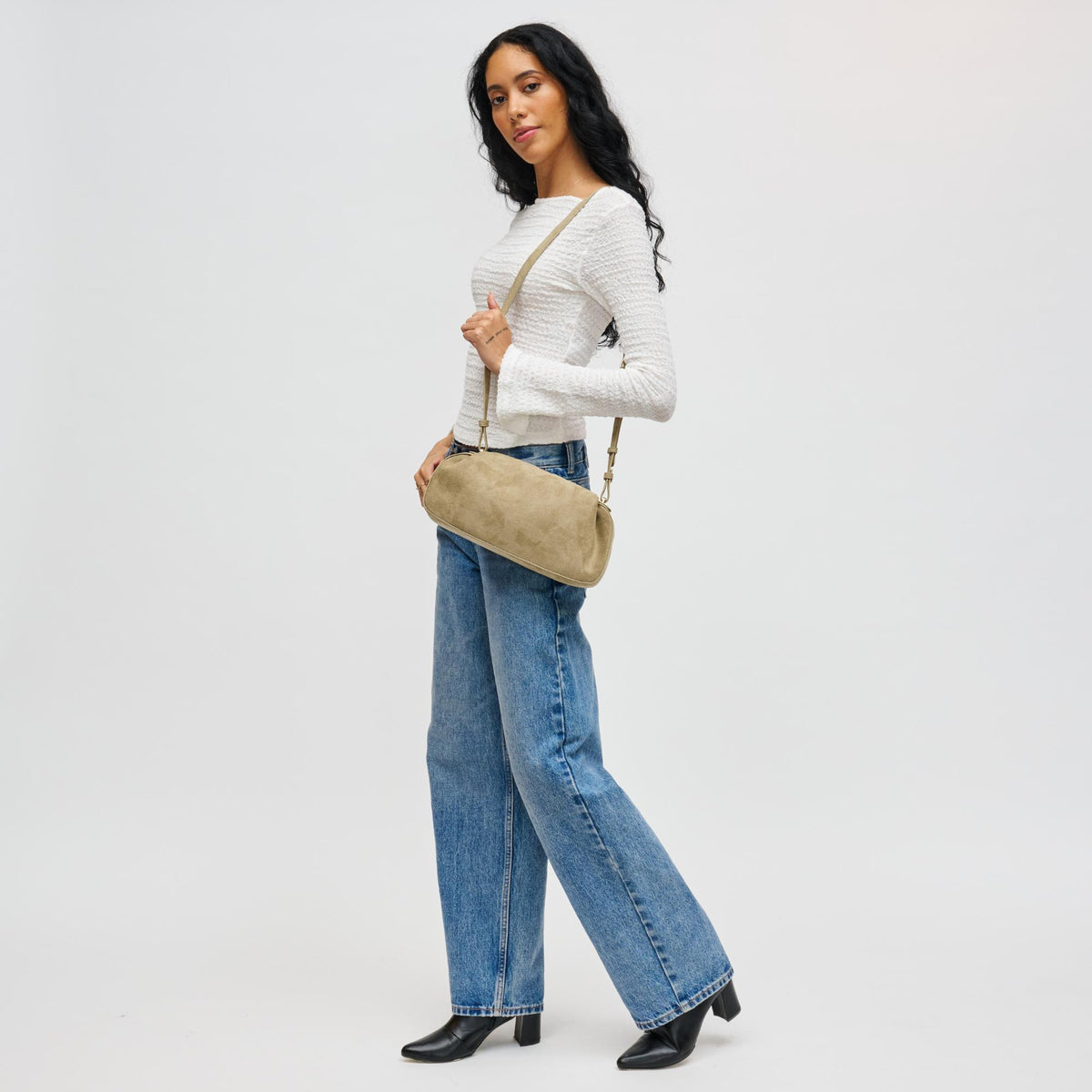 Woman wearing Sage Urban Expressions Lizzie Crossbody 840611199072 View 4 | Sage