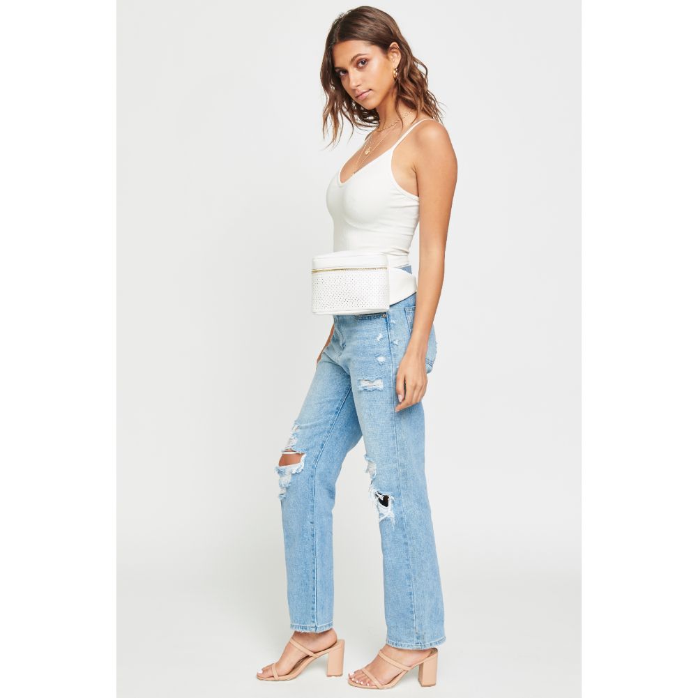Woman wearing White Urban Expressions Hawthorn - Perforated Belt Bag NA-840611158628 View 2 | White