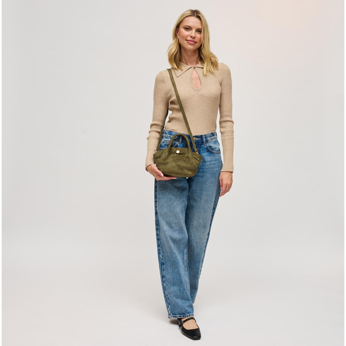Woman wearing Olive Urban Expressions Selena - Faux Suede Crossbody 840611199195 View 2 | Olive