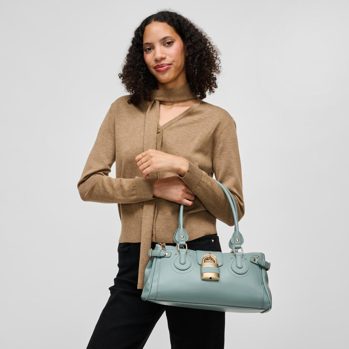 Woman wearing Dusty Blue Urban Expressions Moda Satchel 840504211676 View 1 | Dusty Blue