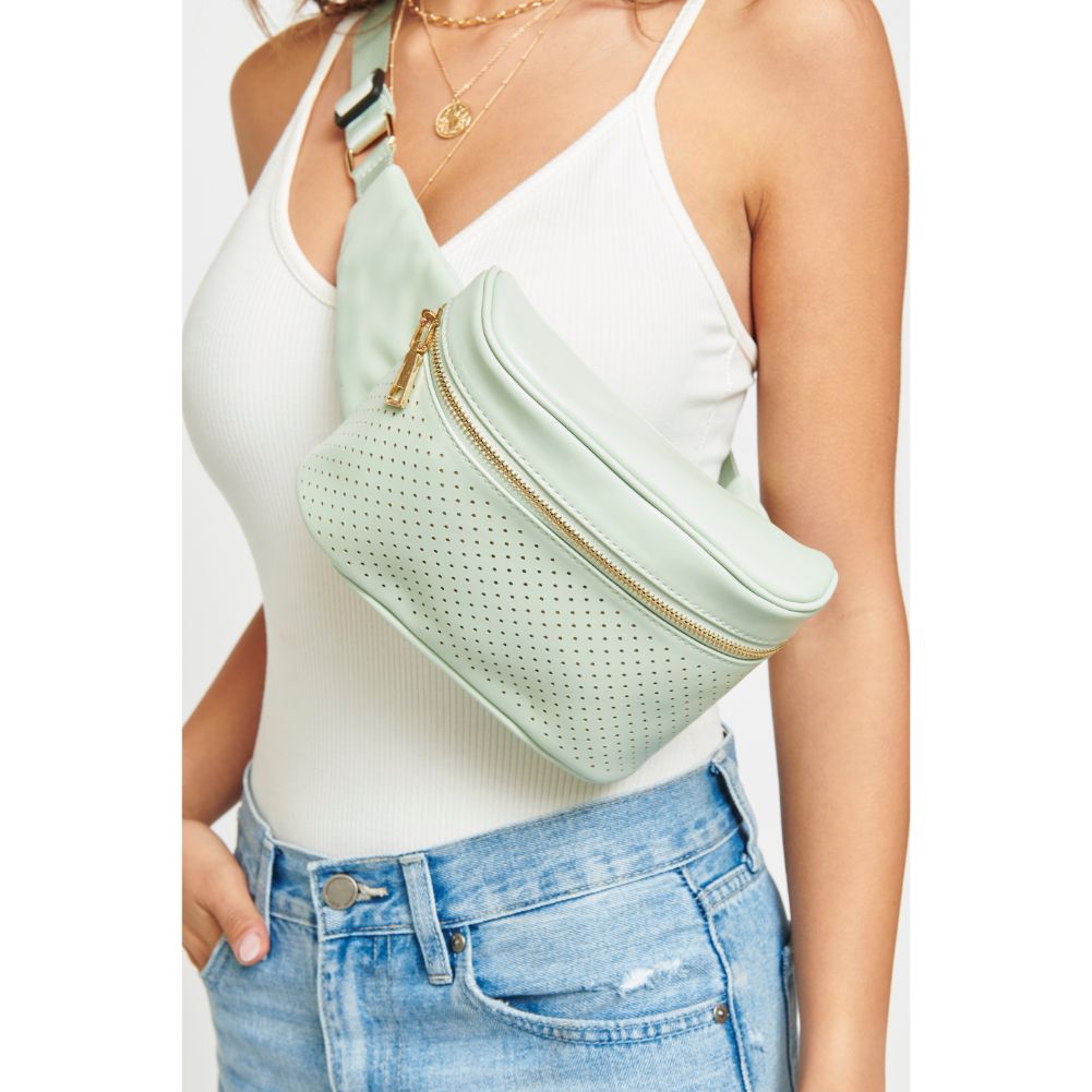 Woman wearing Mint Urban Expressions Hawthorn - Perforated Belt Bag NA-840611158635 View 1 | Mint
