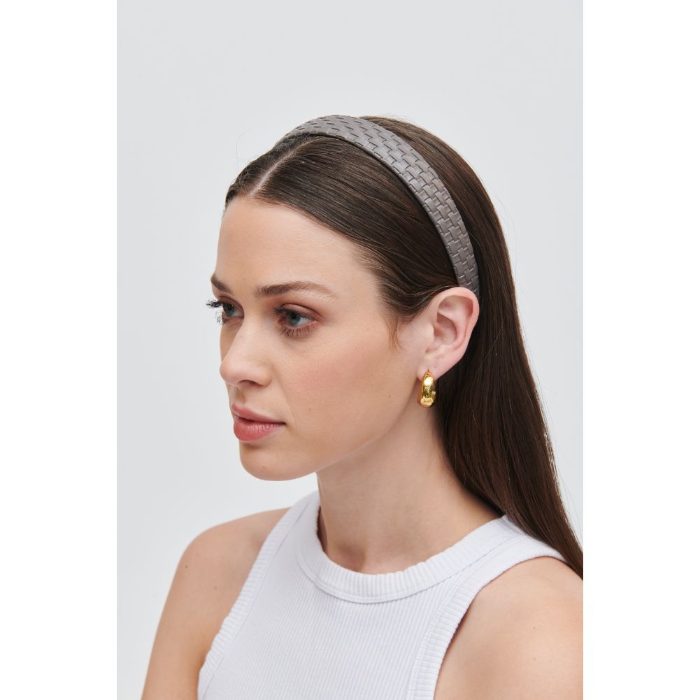 Woman wearing Grey Urban Expressions Embossed Woven Vegan Leather Headband Headband 818209014274 View 1 | Grey