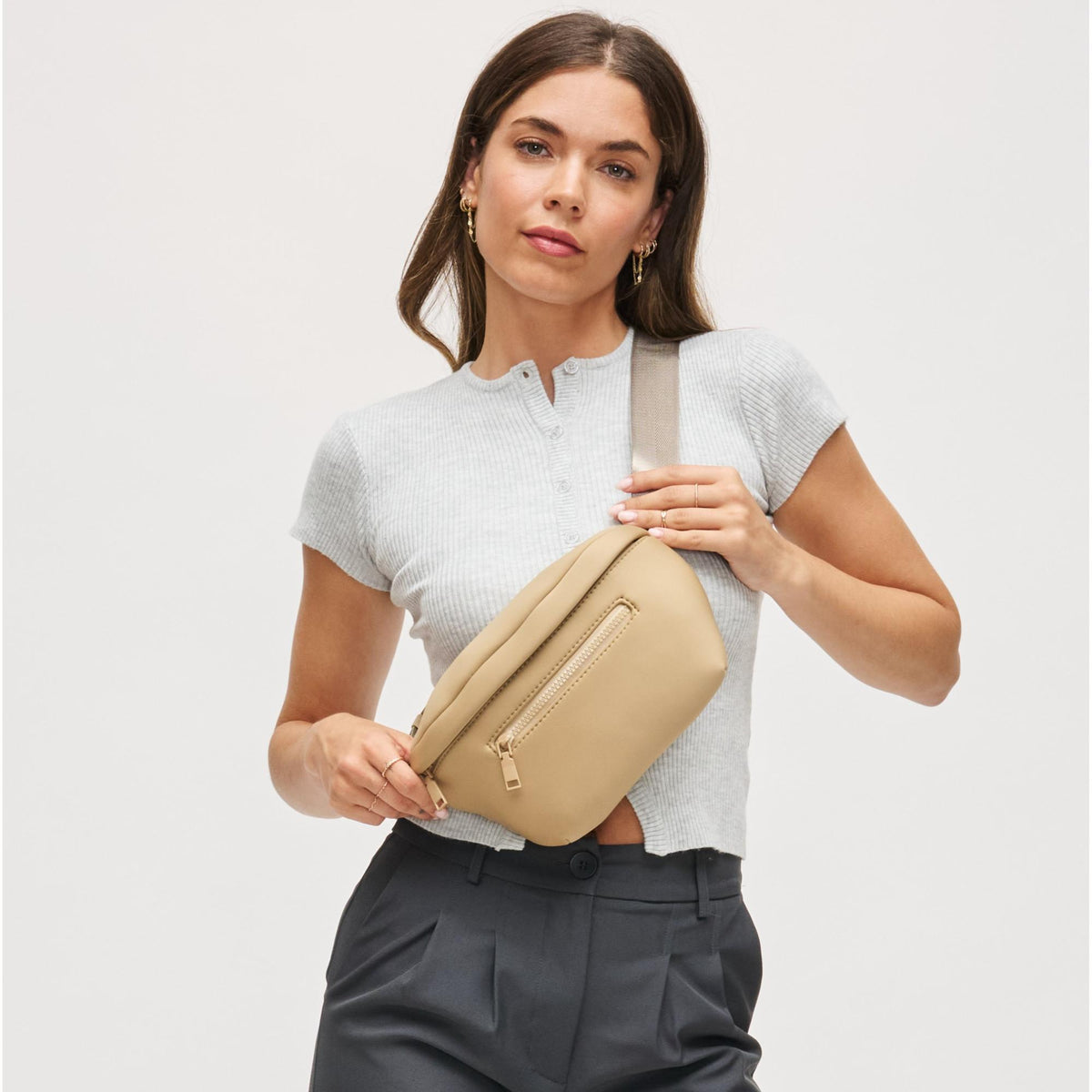 Woman wearing Camel Urban Expressions Celestine Belt Bag 840504200205 View 1 | Camel
