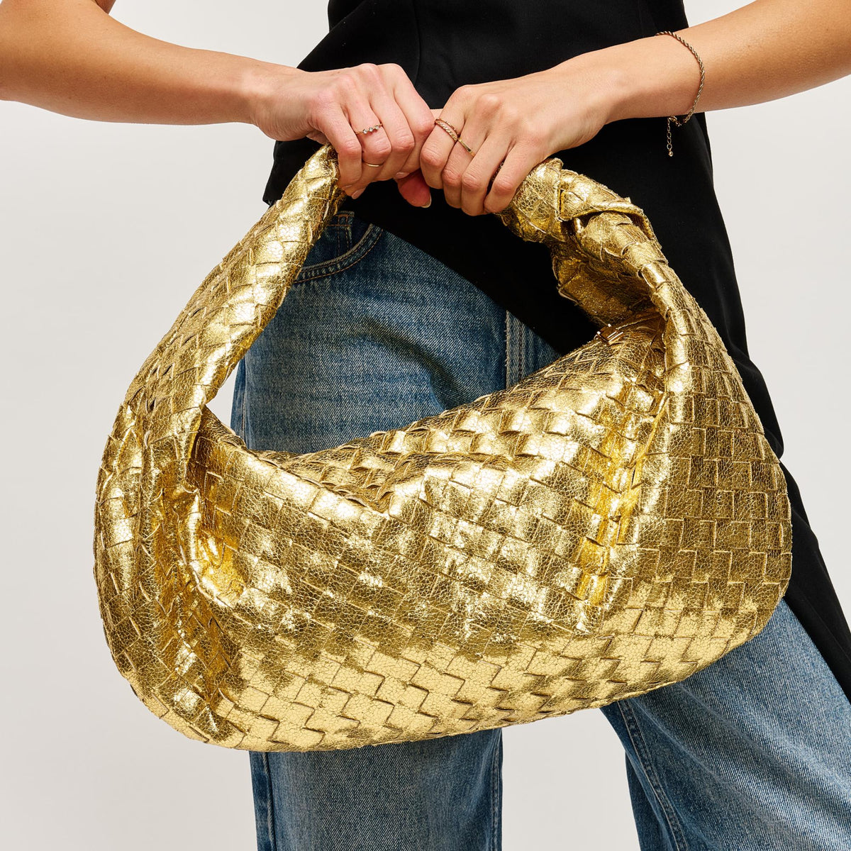 Woman wearing Gold Urban Expressions Dollie Hobo 840611128423 View 2 | Gold