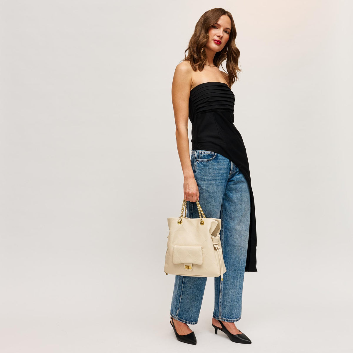 Woman wearing Cream Urban Expressions Hudson Tote 840504205118 View 4 | Cream