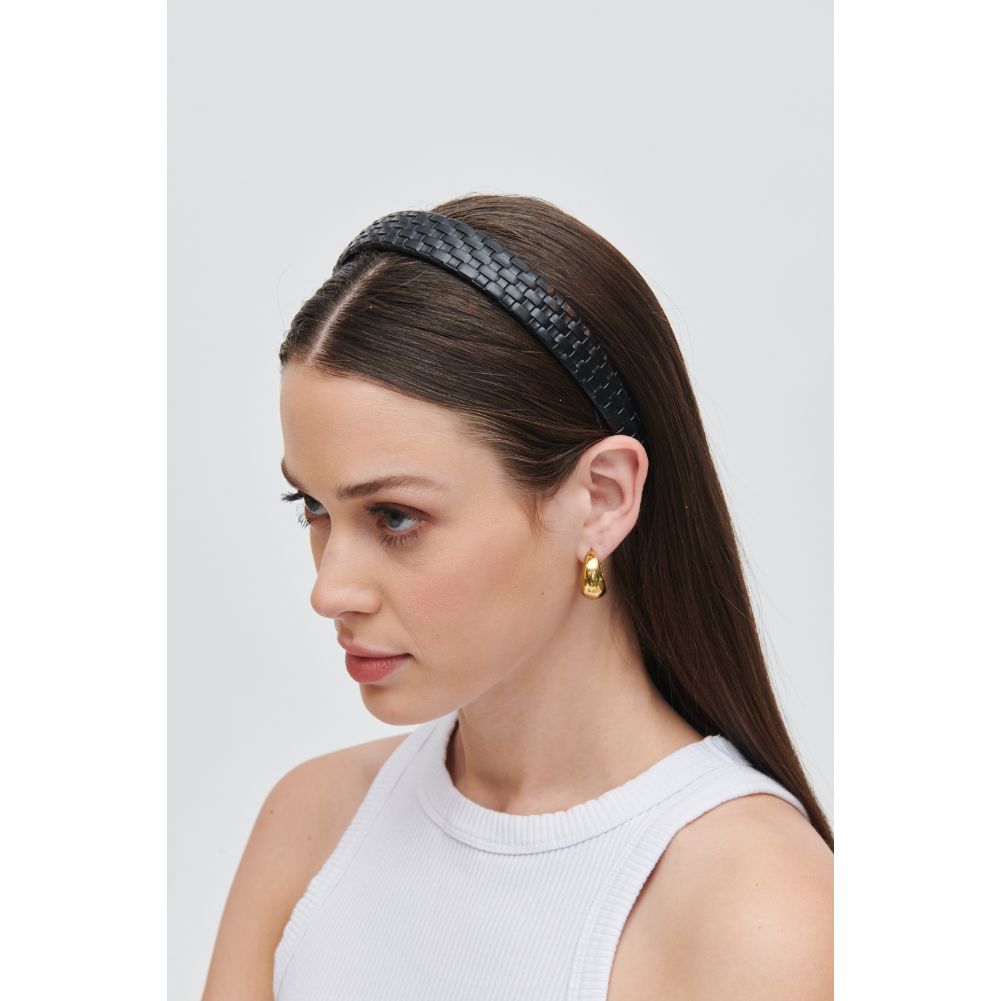 Woman wearing Black Urban Expressions Embossed Woven Vegan Leather Headband Headband 818209014229 View 1 | Black