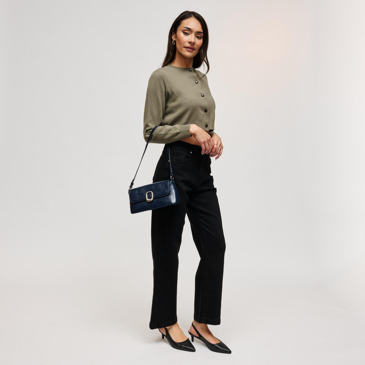 Woman wearing Midnight Urban Expressions Larek Crossbody 840504212352 View 4 | Midnight