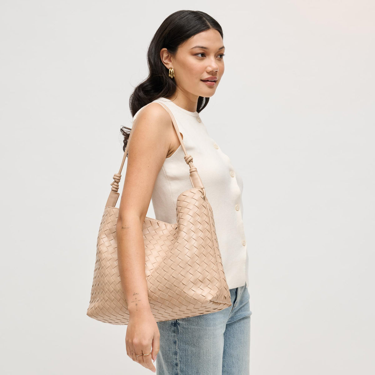 Woman wearing Almond Urban Expressions Theo Hobo 840504205606 View 3 | Almond