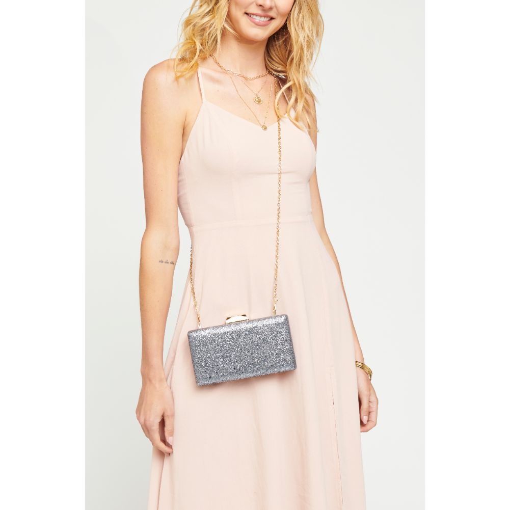 Woman wearing Pewter Urban Expressions Flora Confetti Evening Bag NA-840611156990 View 4 | Pewter