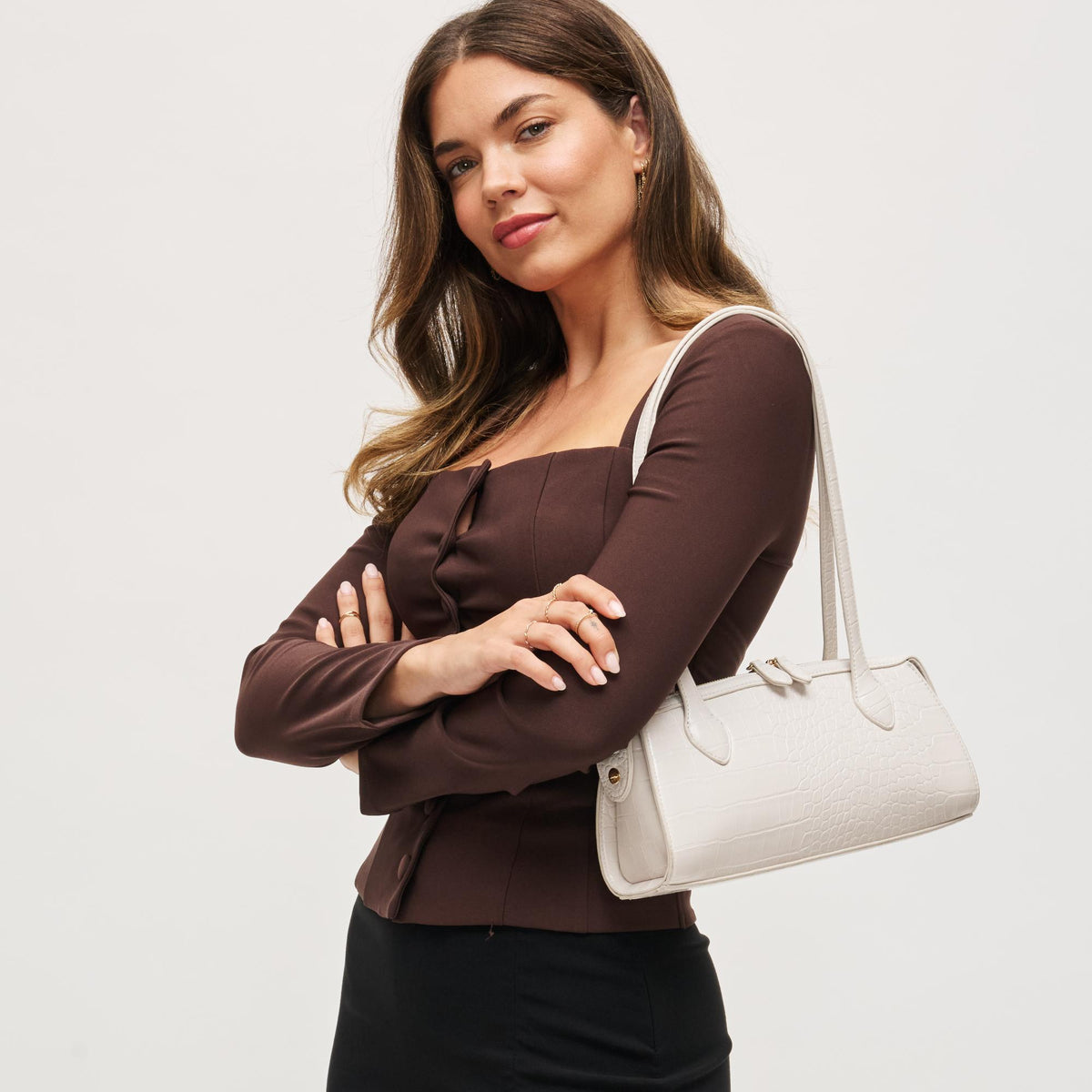 Woman wearing Oatmilk Urban Expressions Nessa Shoulder Bag 840611199706 View 1 | Oatmilk