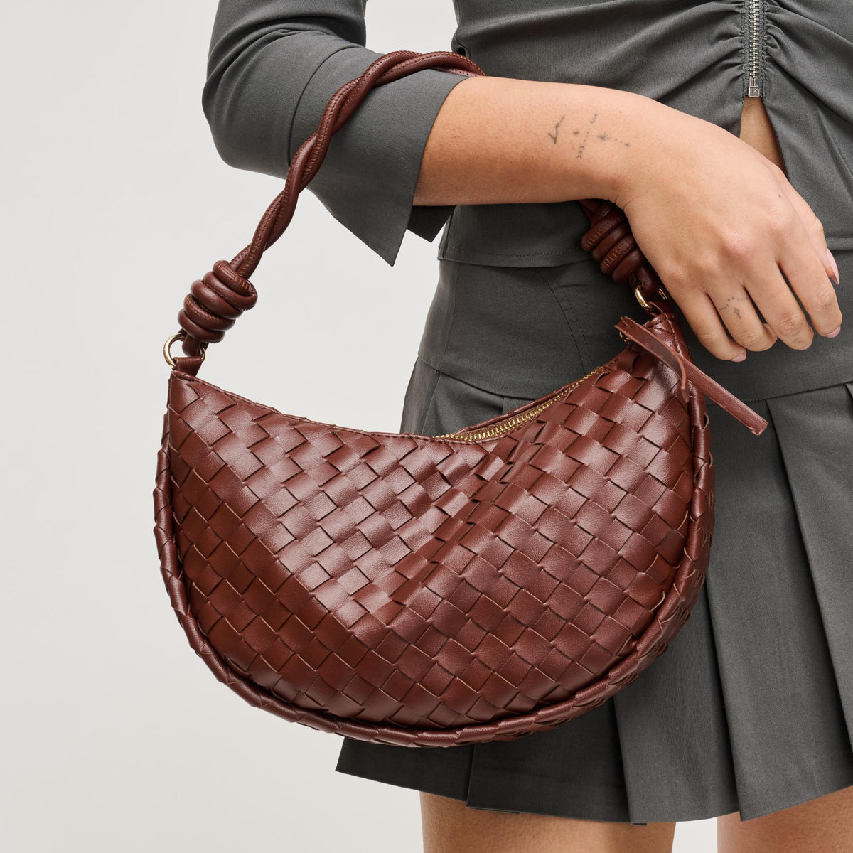 Woman wearing Chocolate Urban Expressions Violet Hobo 840504206597 View 1 | Chocolate