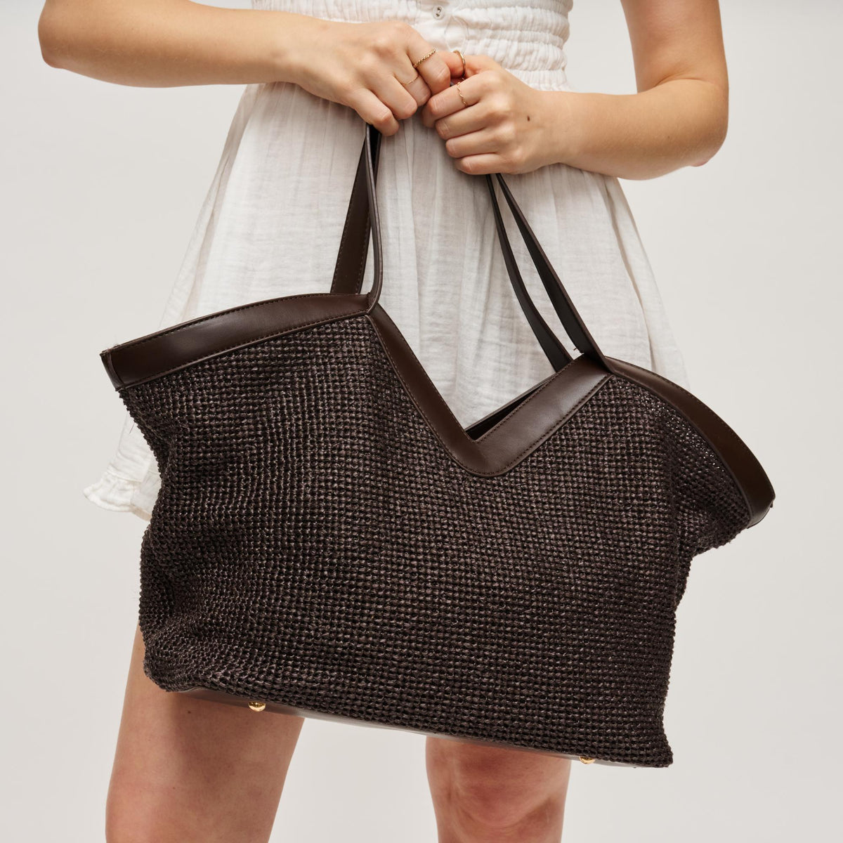 Woman wearing Chocolate Urban Expressions Madelyn Tote 840504204197 View 4 | Chocolate