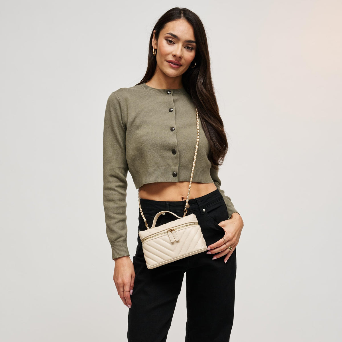 Woman wearing Cream Urban Expressions Sella Crossbody 840504214967 View 1 | Cream