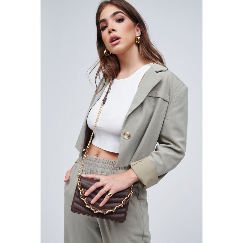 Woman wearing Chocolate Urban Expressions Genny - Chevron Stitch Crossbody 818209011105 View 2 | Chocolate