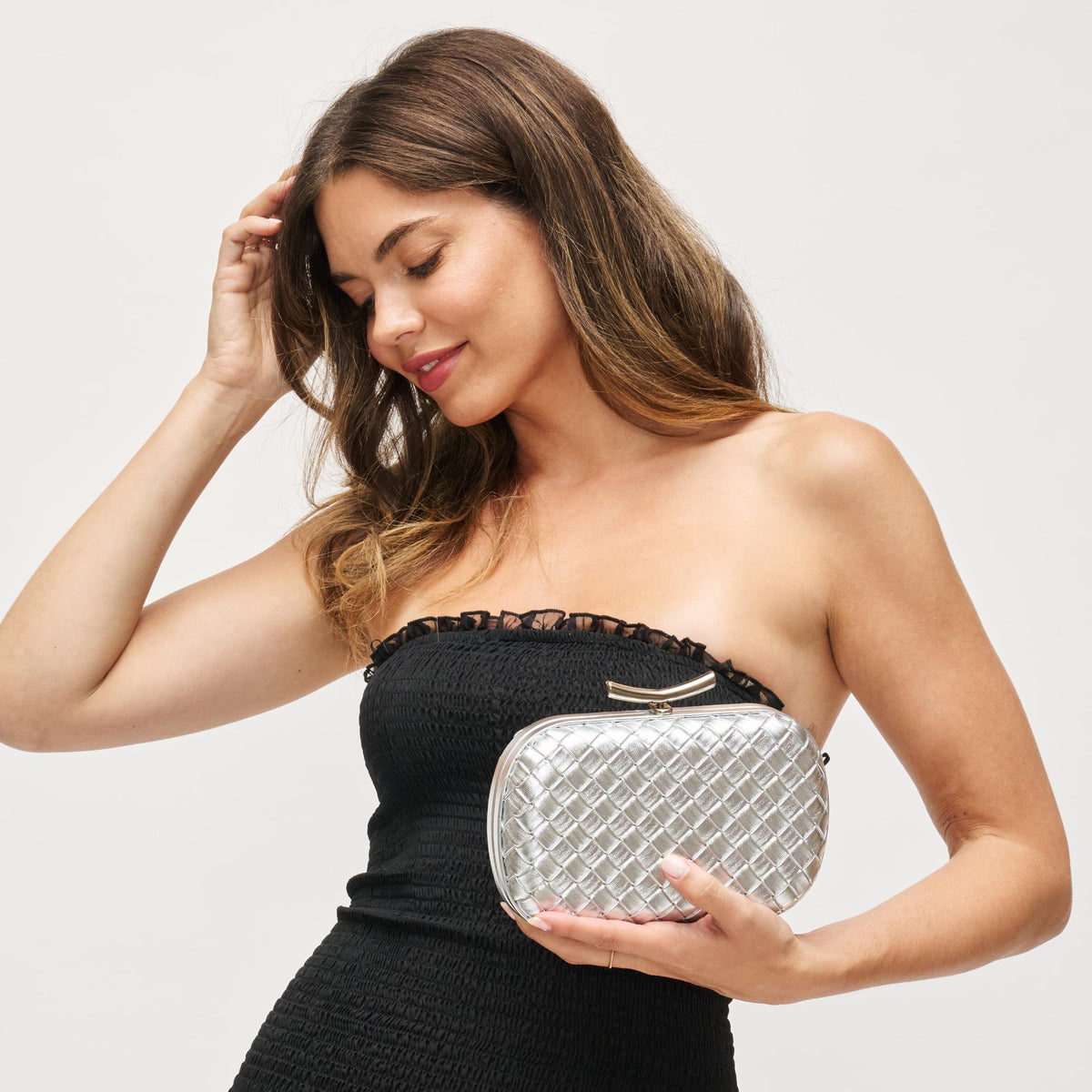 Woman wearing Silver Urban Expressions Allison Evening Bag 840611199881 View 1 | Silver