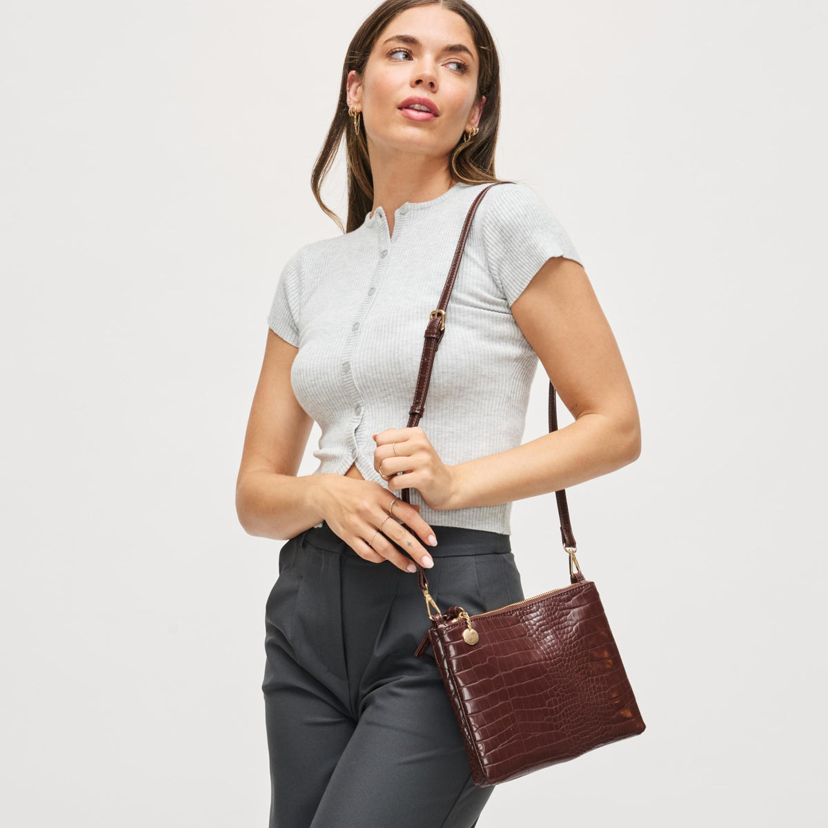 Woman wearing Chocolate Urban Expressions Judy Crossbody 840611199591 View 1 | Chocolate