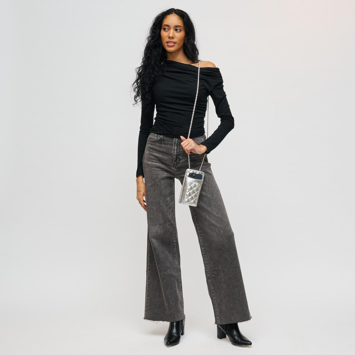 Woman wearing Silver Urban Expressions Brianna Cell Phone Crossbody 840504201370 View 3 | Silver