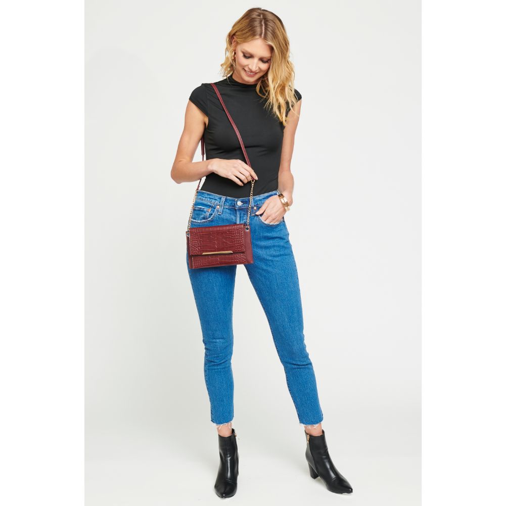 Woman wearing Burgundy Urban Expressions Asher Croc Crossbody 840611165398 View 2 | Burgundy