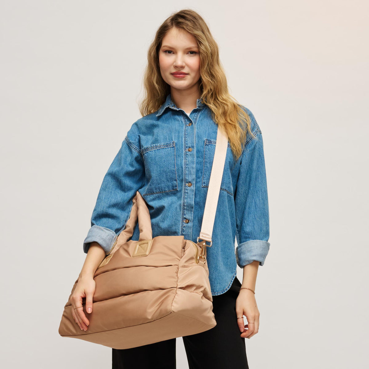 Woman wearing Camel Urban Expressions Mia Tote 840504204272 View 4 | Camel