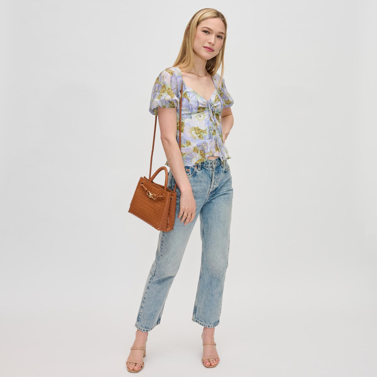Woman wearing Tan Urban Expressions Blakely Crossbody 840611129031 View 2 | Tan