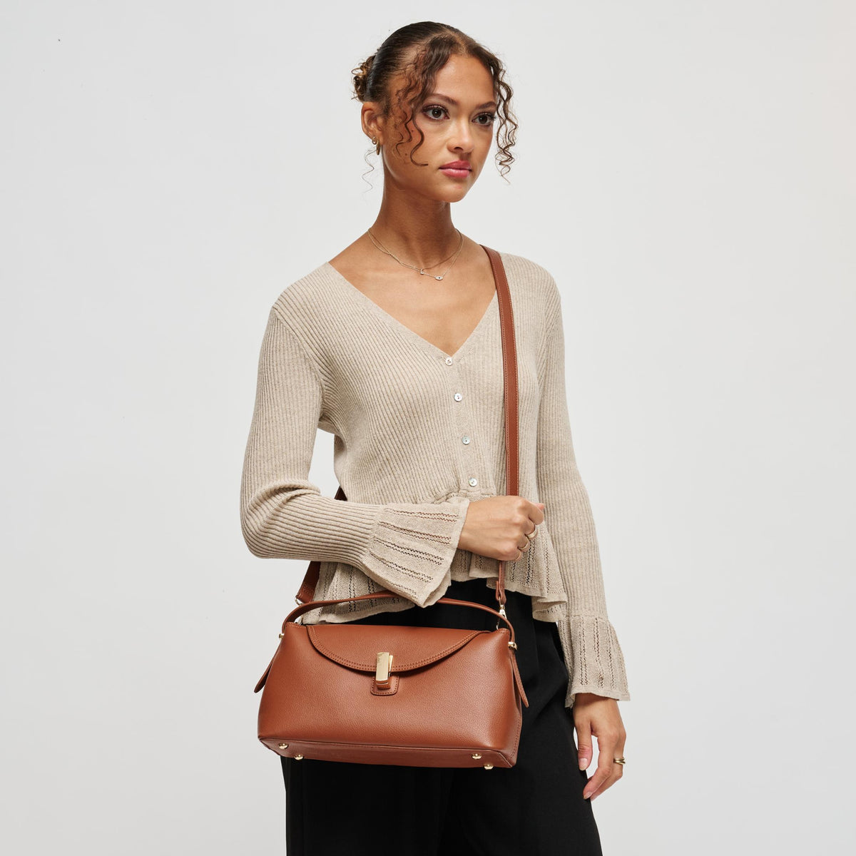 Woman wearing Cognac Urban Expressions Everleigh Crossbody 840504212864 View 1 | Cognac