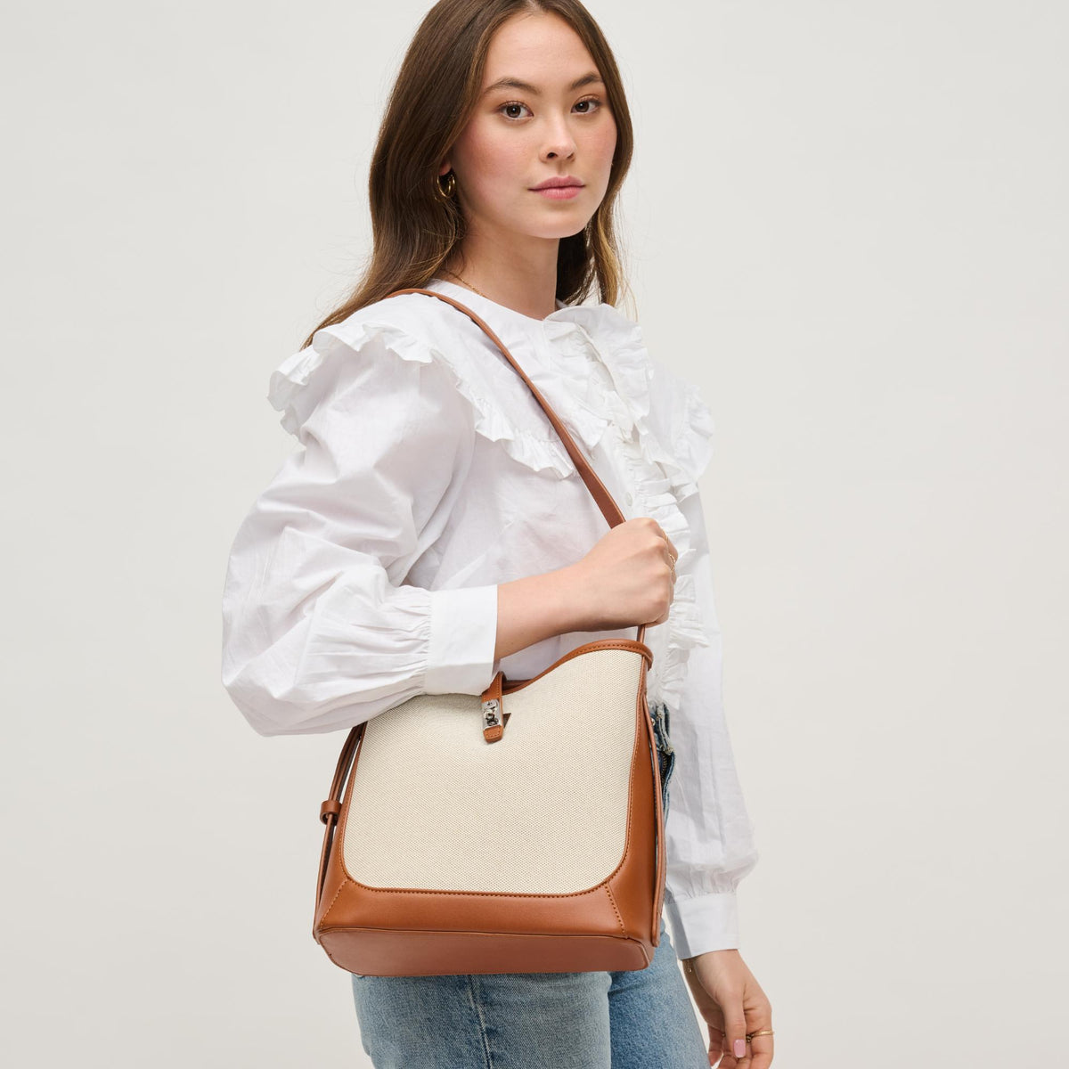 Woman wearing Tan Ivory Urban Expressions Mabel Bucket 840611156419 View 2 | Tan Ivory